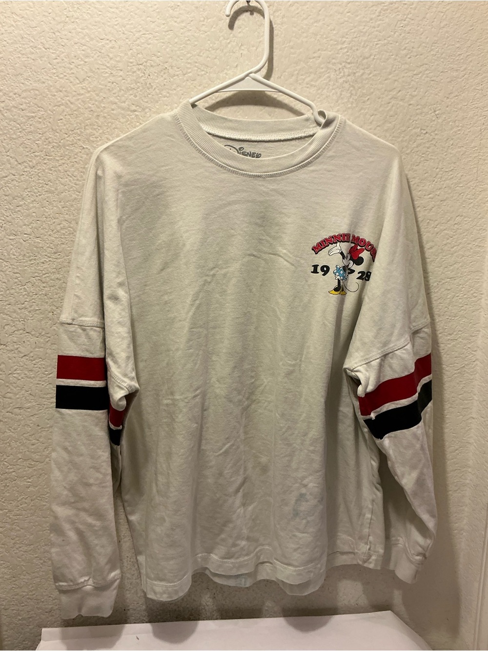 Disney White Long-Sleeve Shirt with Red & Black Sleeve Stripes
